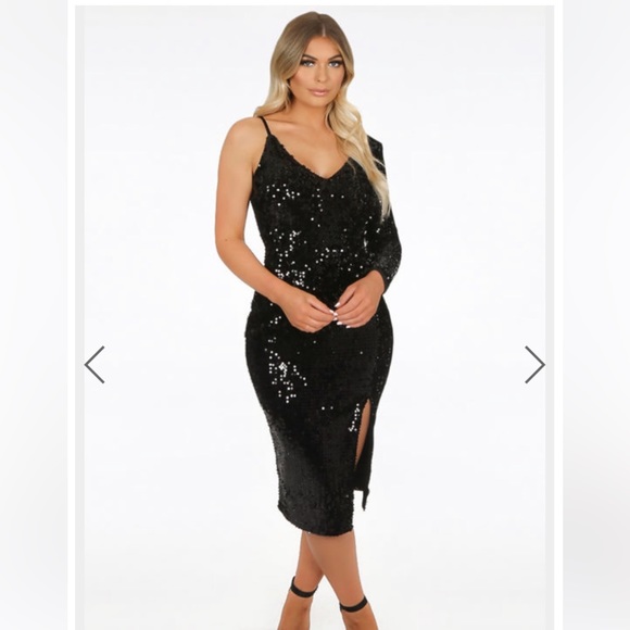 New with tags Black Sequin One Shoulder Midi Dress With Split - Picture 2 of 10